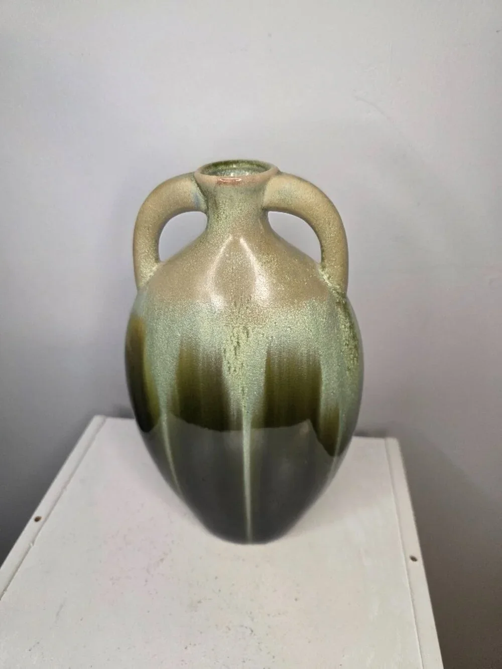 Green Drip Ceramic Vase Jug Two Handled 11